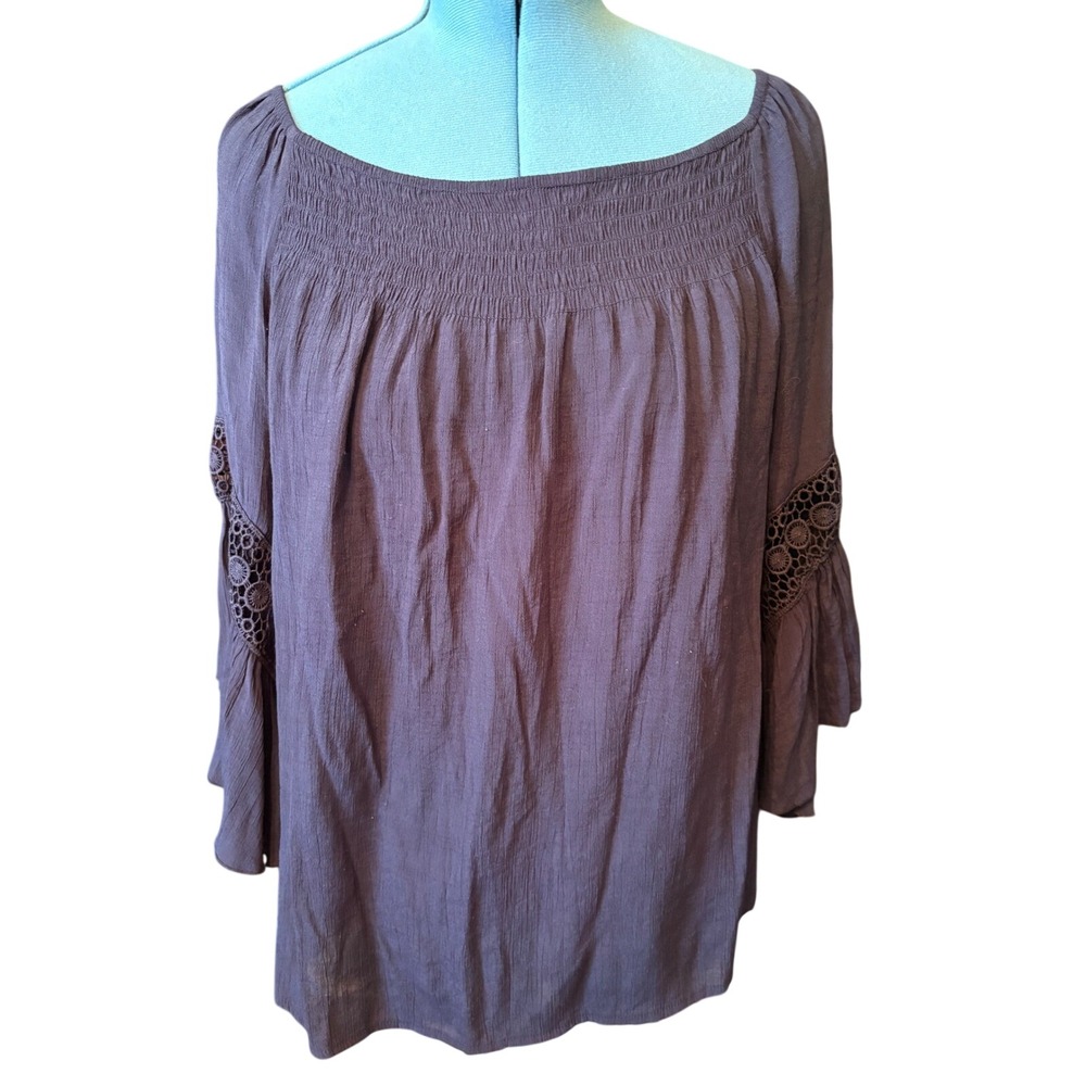 Cato‎ Navy Blue Off The Shoulder Bell Sleeve Crochet Lace Boho Blouse XL